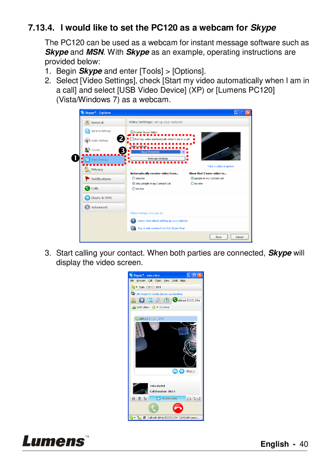 Lumens Technology user manual Would like to set the PC120 as a webcam for Skype 