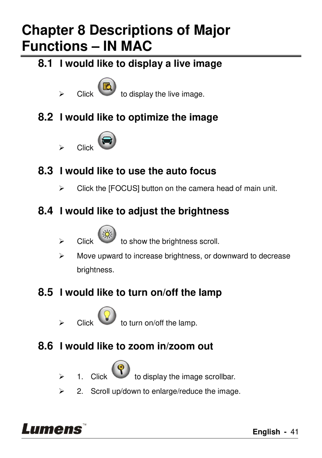 Lumens Technology PC120 user manual Descriptions of Major Functions in MAC, Would like to display a live image 