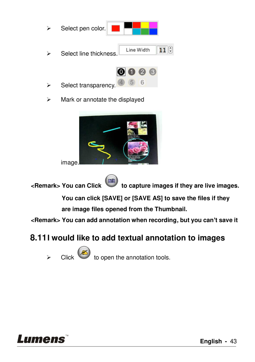 Lumens Technology PC120 user manual Would like to add textual annotation to images 