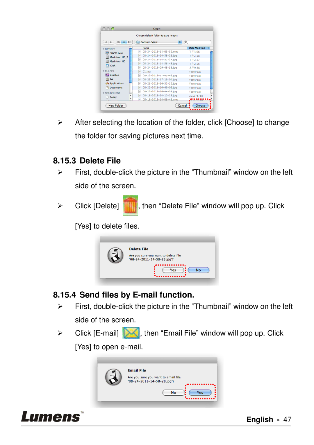 Lumens Technology PC120 user manual Delete File, Send files by E-mail function 