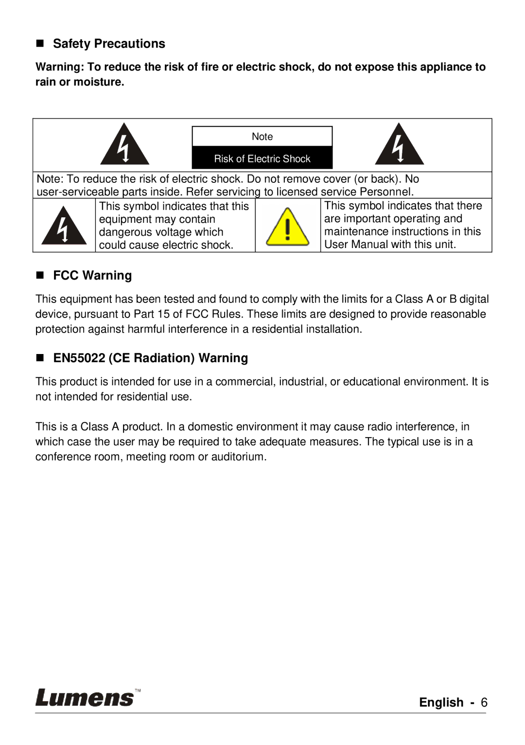 Lumens Technology PC120 user manual  Safety Precautions,  FCC Warning,  EN55022 CE Radiation Warning 