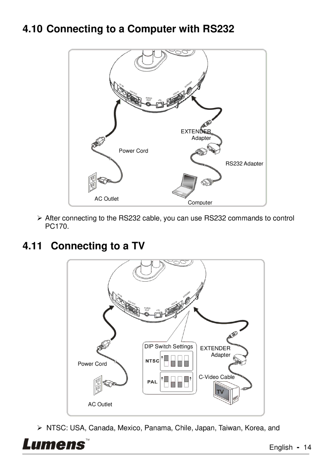 Lumens Technology PC170 user manual Connecting to a Computer with RS232, Connecting to a TV 