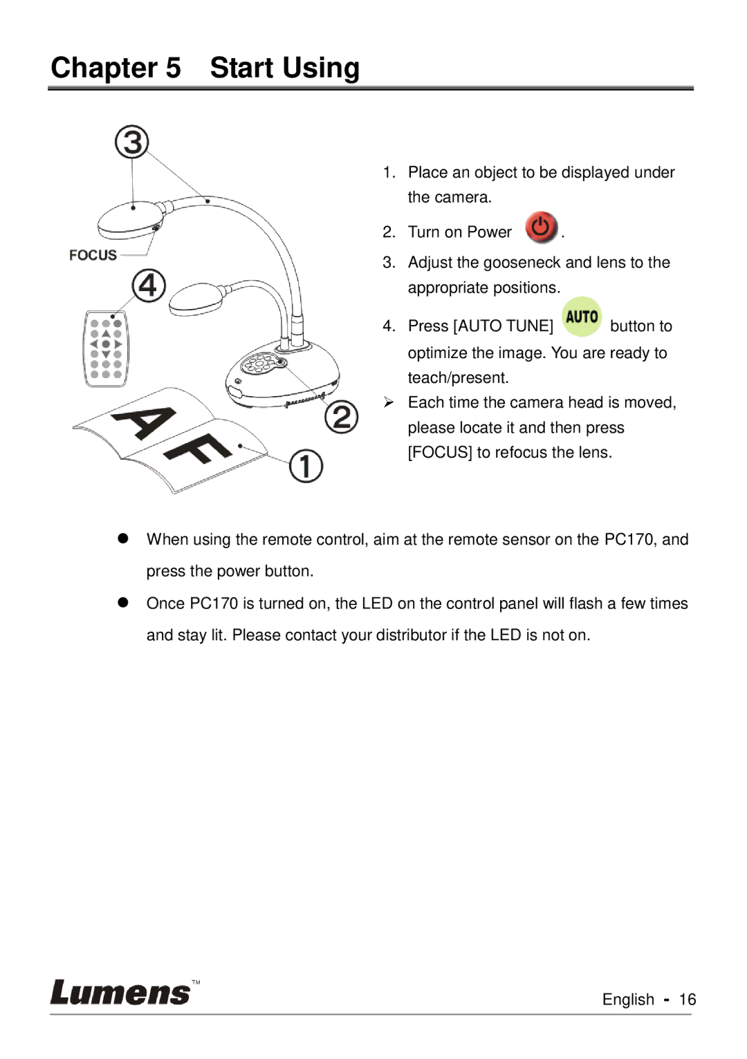 Lumens Technology PC170 user manual Start Using 