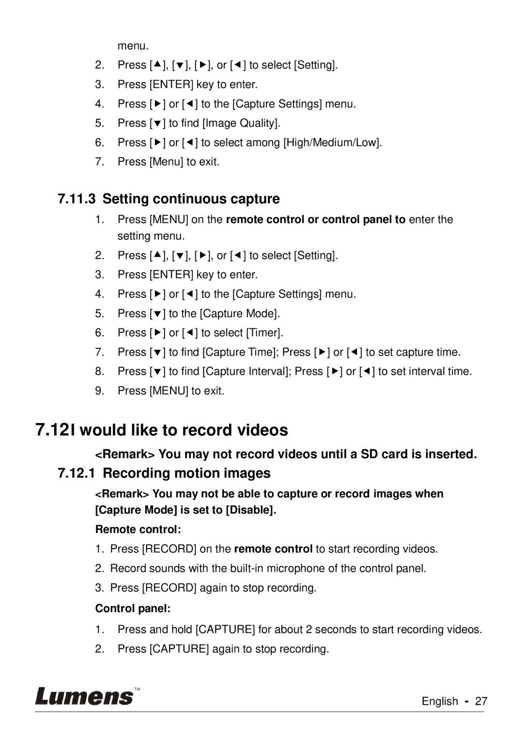 Lumens Technology PC170 user manual Would like to record videos, Setting continuous capture, Recording motion images 