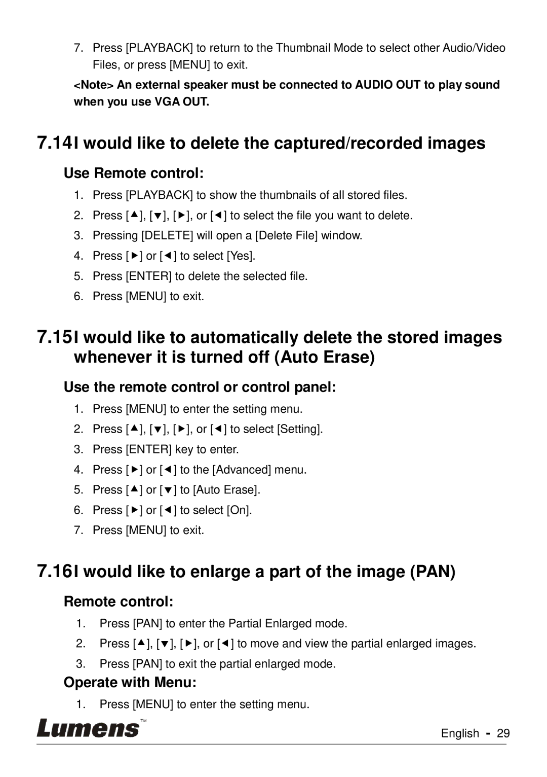 Lumens Technology PC170 Would like to delete the captured/recorded images, Would like to enlarge a part of the image PAN 