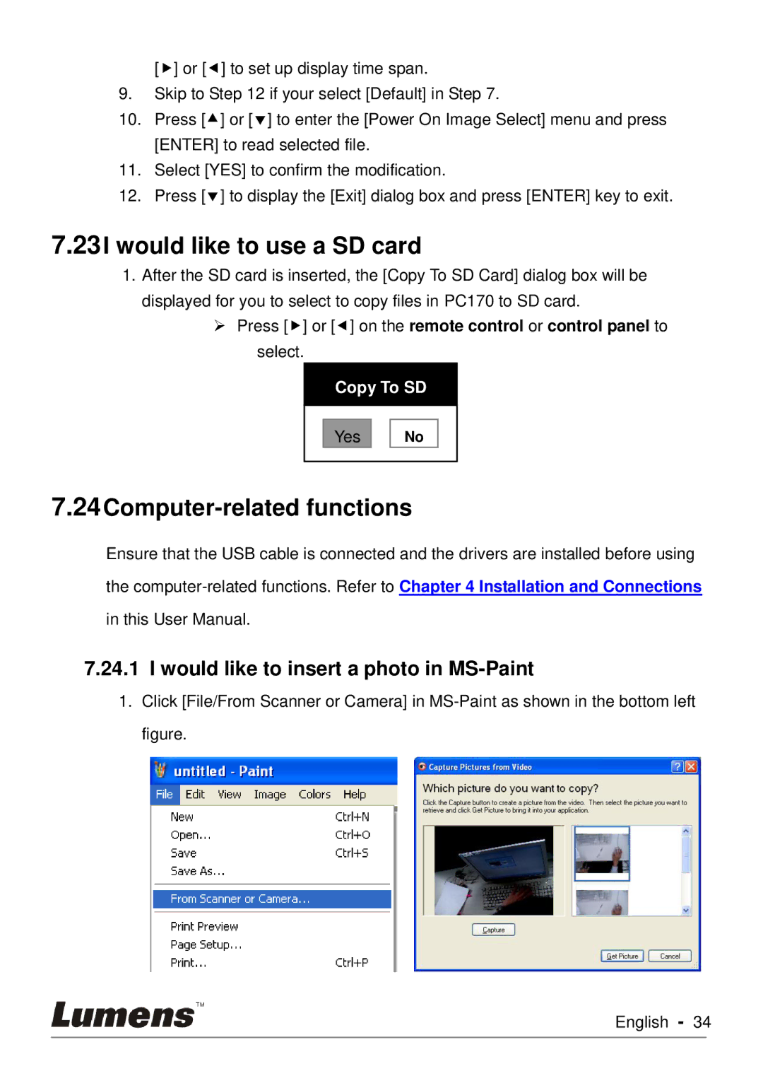 Lumens Technology PC170 Would like to use a SD card, Computer-related functions, Would like to insert a photo in MS-Paint 