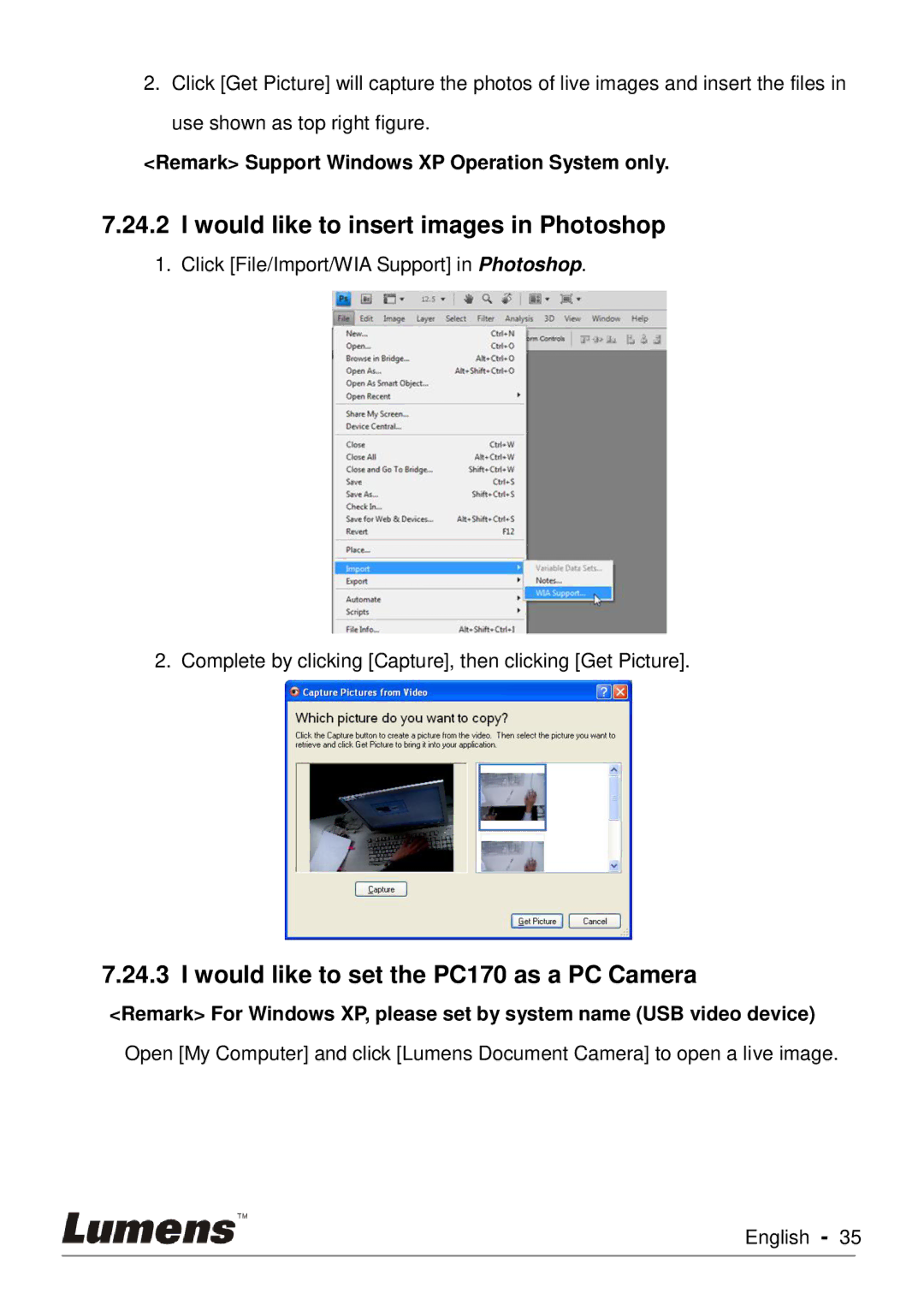 Lumens Technology user manual Would like to insert images in Photoshop, Would like to set the PC170 as a PC Camera 