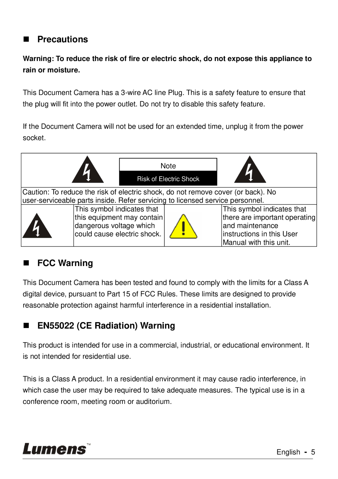 Lumens Technology PC170 user manual  Precautions,  FCC Warning,  EN55022 CE Radiation Warning 