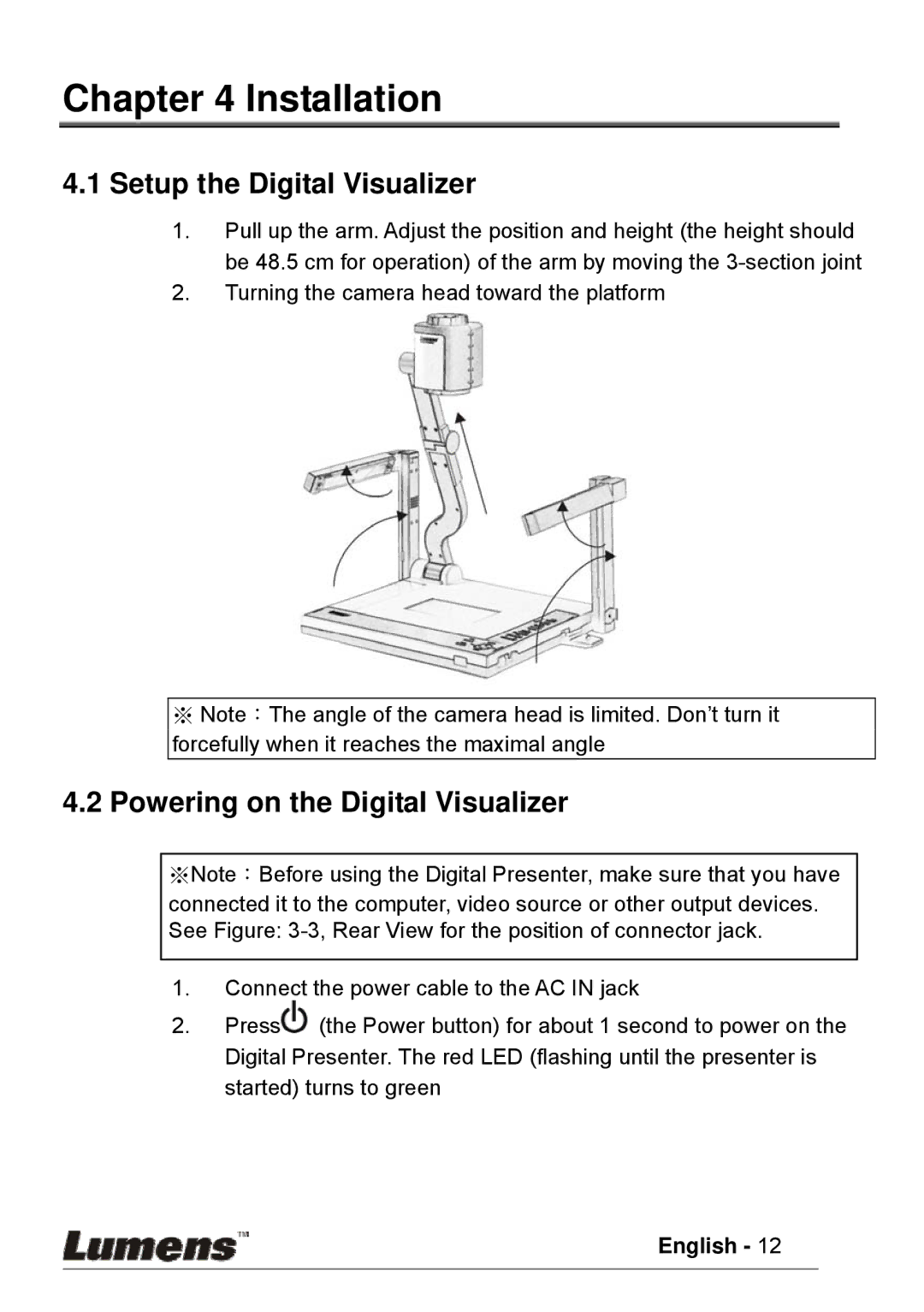 Lumens Technology PS600 user manual Installation, Setup the Digital Visualizer, Powering on the Digital Visualizer 