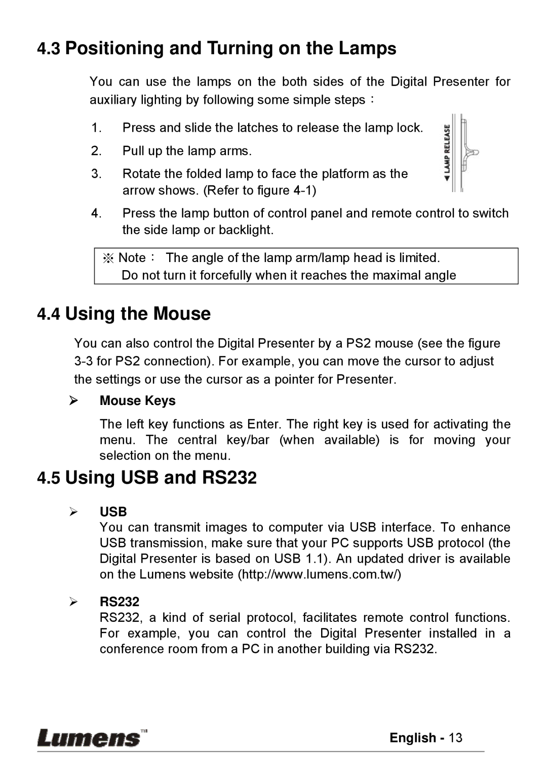 Lumens Technology PS600 user manual ¾ Mouse Keys, ¾ RS232 