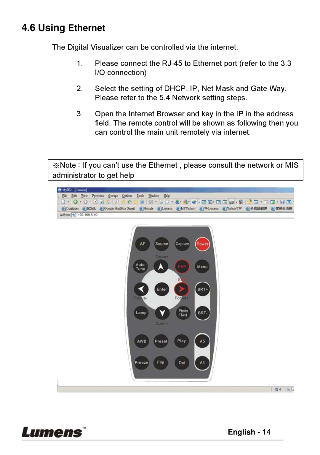 Lumens Technology PS600 user manual Using Ethernet 