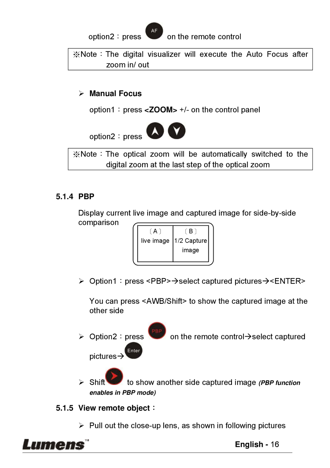 Lumens Technology PS600 user manual ¾ Manual Focus, 4 PBP, View remote object： 