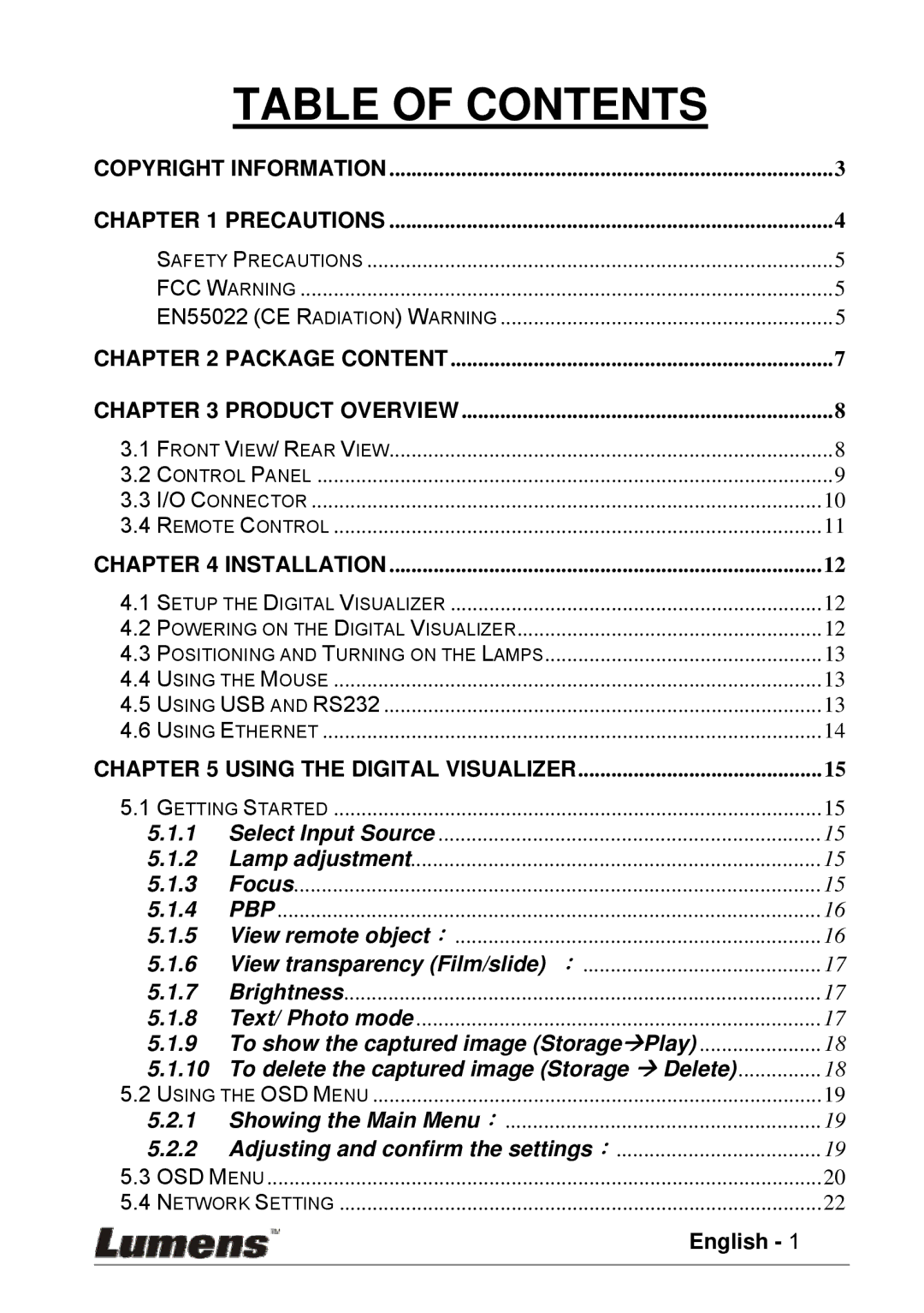 Lumens Technology PS600 user manual Table of Contents 