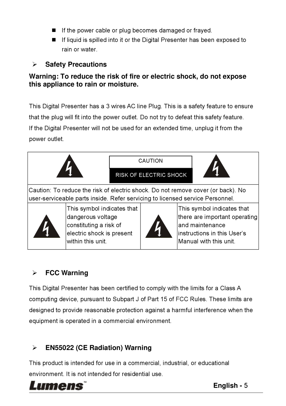 Lumens Technology PS600 user manual ¾ Safety Precautions, ¾ FCC Warning, ¾ EN55022 CE Radiation Warning 