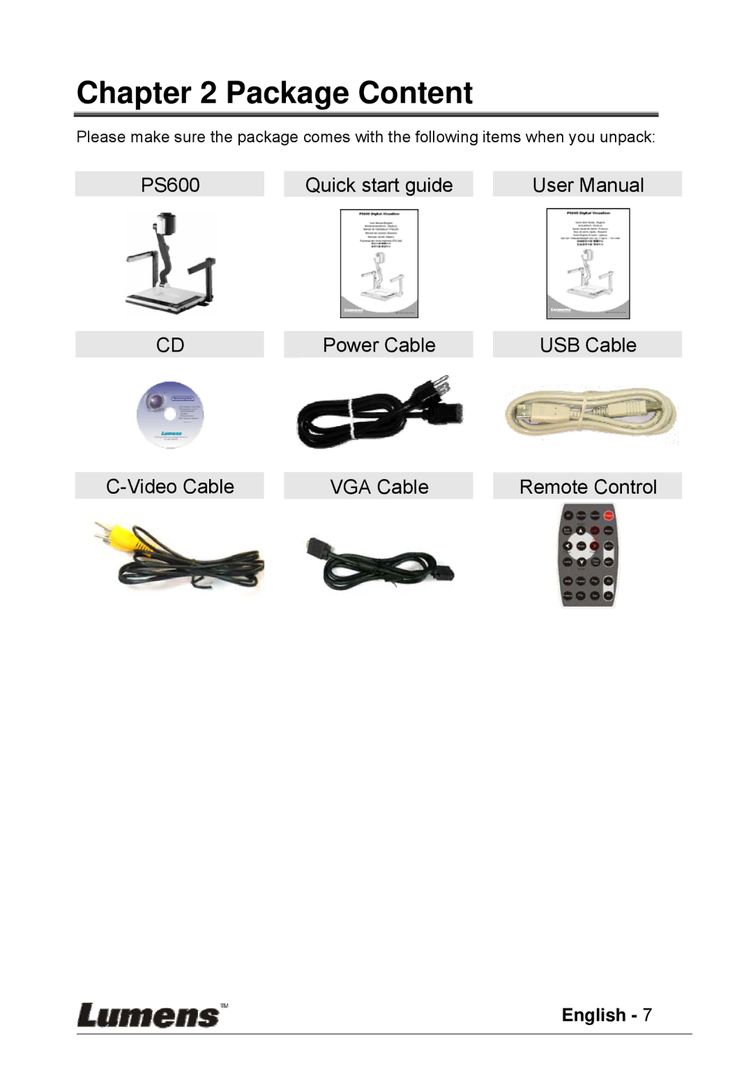 Lumens Technology PS600 user manual Package Content 