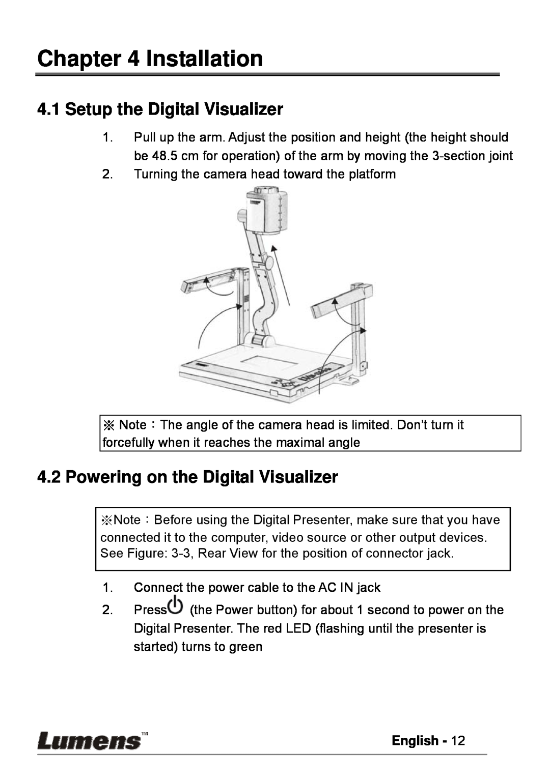 Lumens Technology PS600 user manual Installation, Setup the Digital Visualizer, Powering on the Digital Visualizer, English 