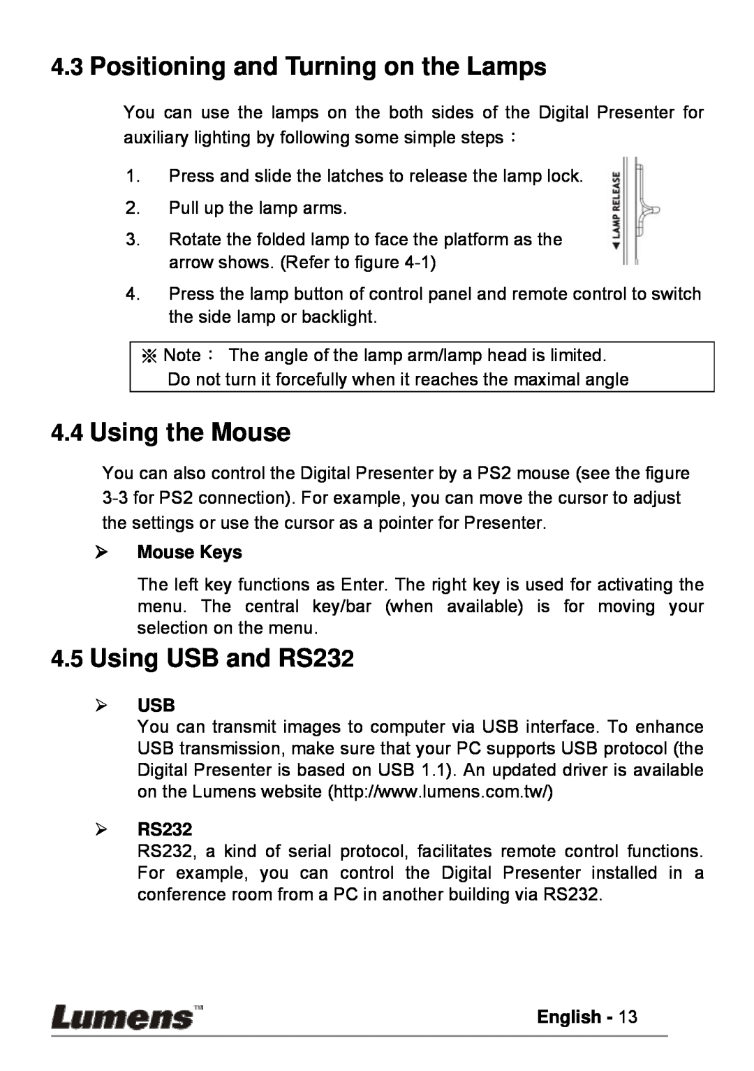 Lumens Technology PS600 Positioning and Turning on the Lamps, Using the Mouse, Using USB and RS232, ¾ Mouse Keys, ¾ USB 