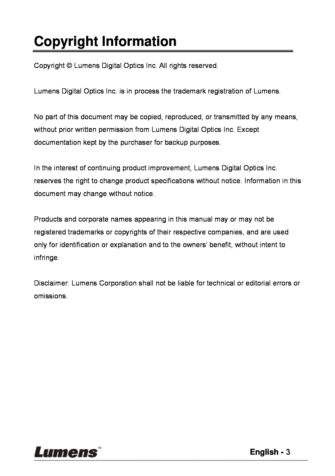 Lumens Technology PS600 user manual Copyright Information, English 