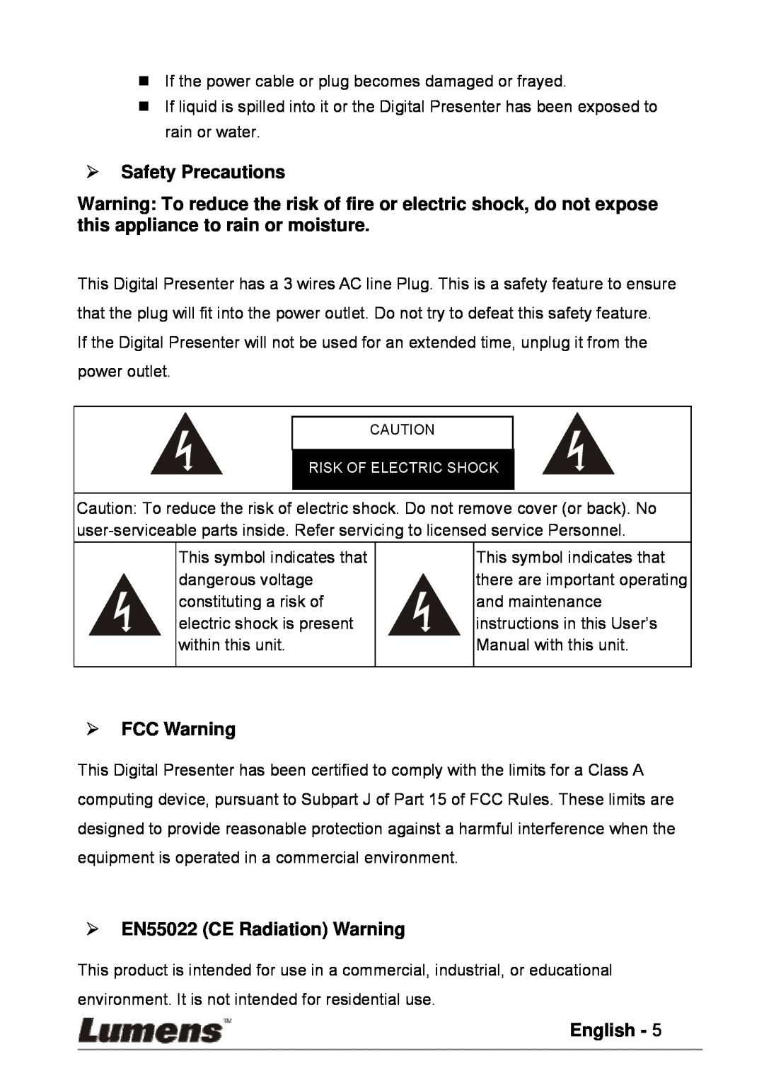Lumens Technology PS600 user manual ¾ Safety Precautions, ¾ FCC Warning, ¾ EN55022 CE Radiation Warning, English 