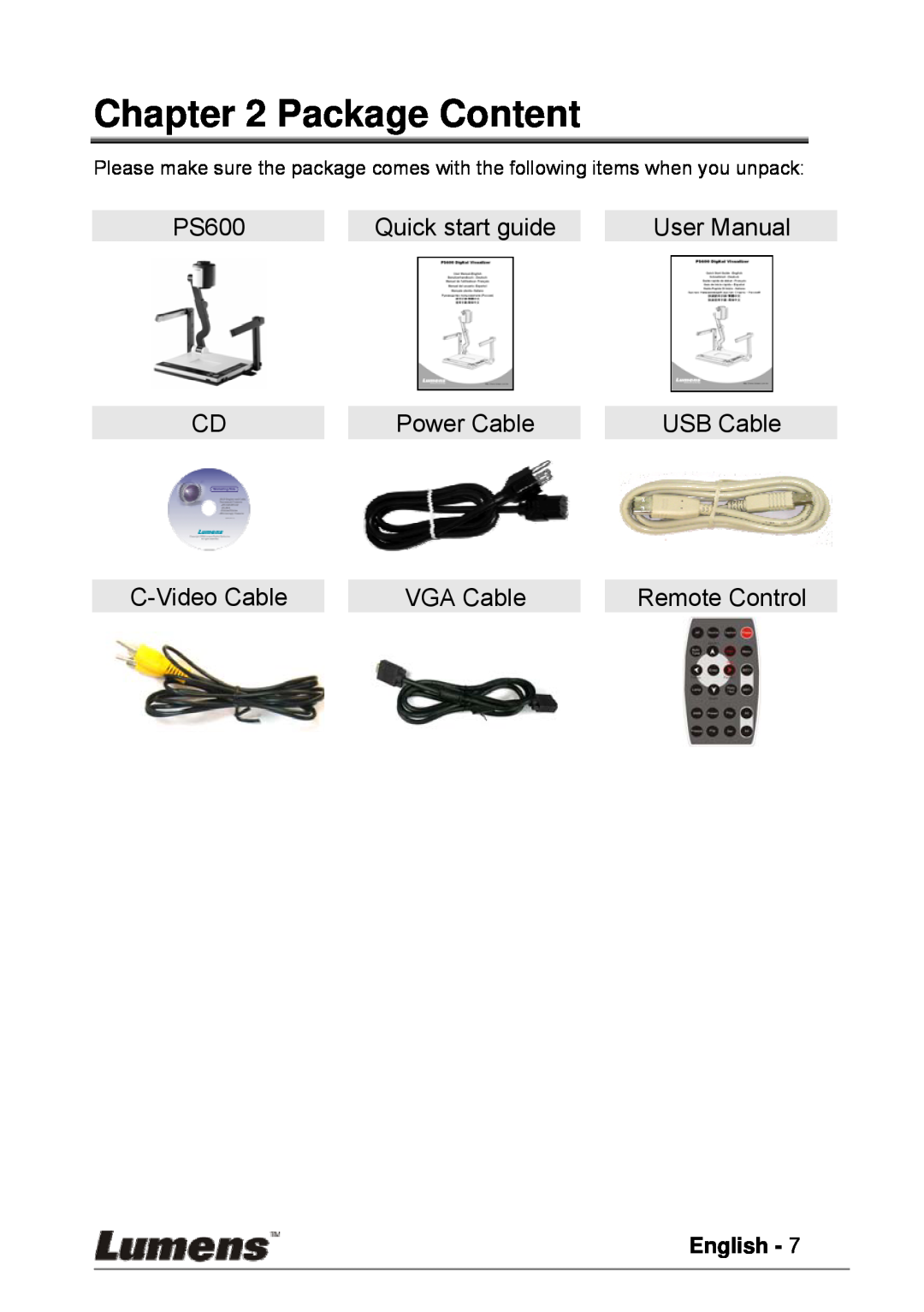 Lumens Technology PS600 Package Content, Quick start guide, User Manual, Power Cable, USB Cable, C-Video Cable, VGA Cable 