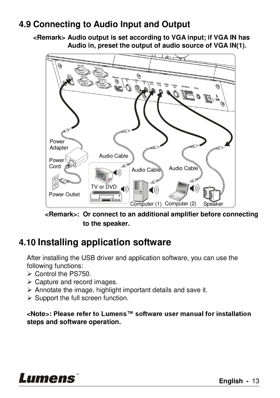 Lumens Technology PS750 user manual Installing application software, Connecting to Audio Input and Output 