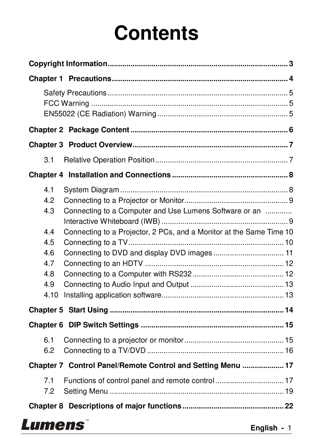 Lumens Technology PS750 user manual Contents 