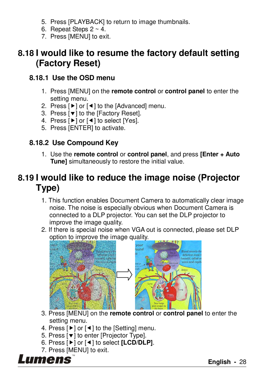 Lumens Technology PS750 user manual Would like to reduce the image noise Projector Type, Use the OSD menu, Use Compound Key 