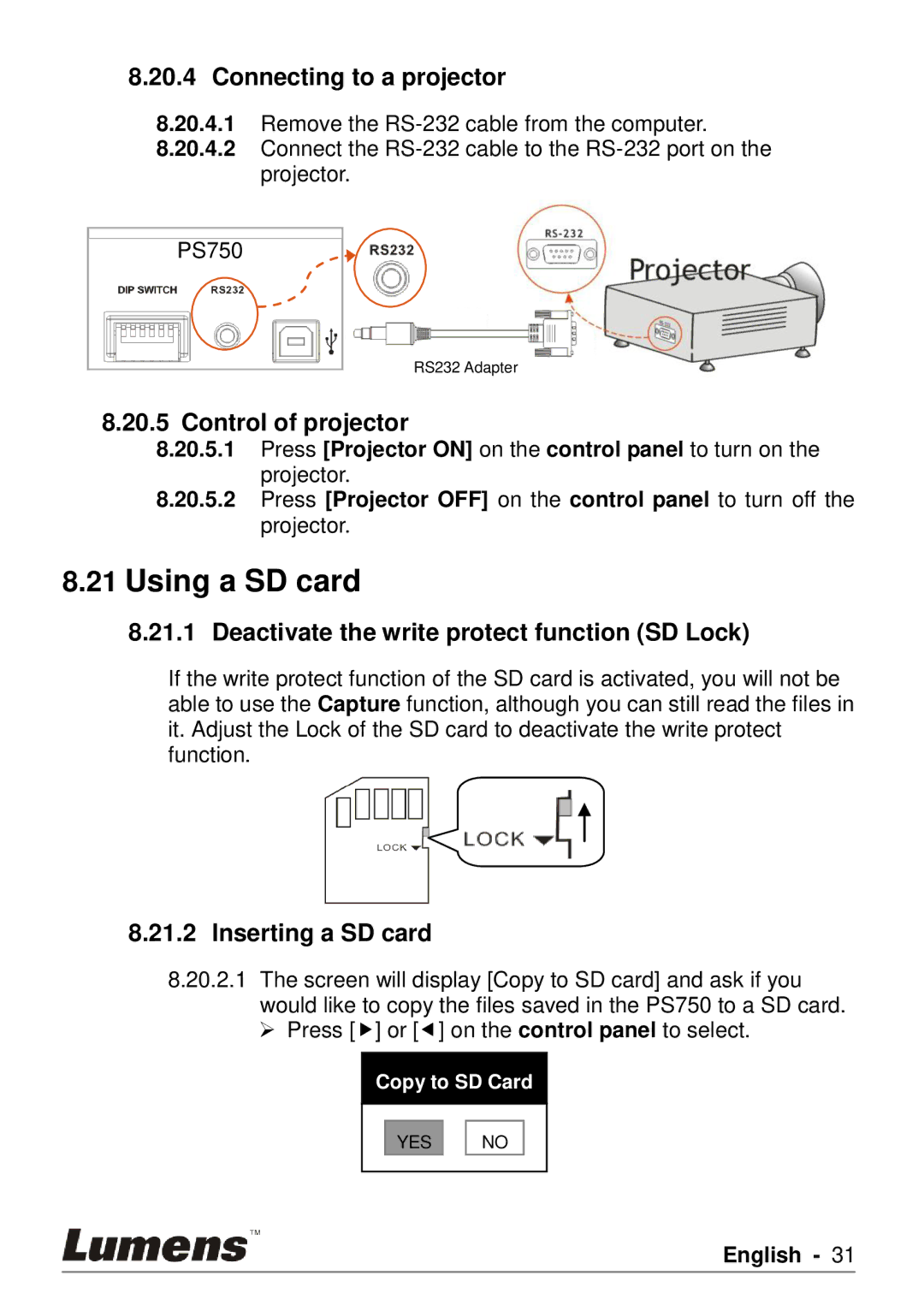 Lumens Technology PS750 user manual Using a SD card, Connecting to a projector, Control of projector, Inserting a SD card 