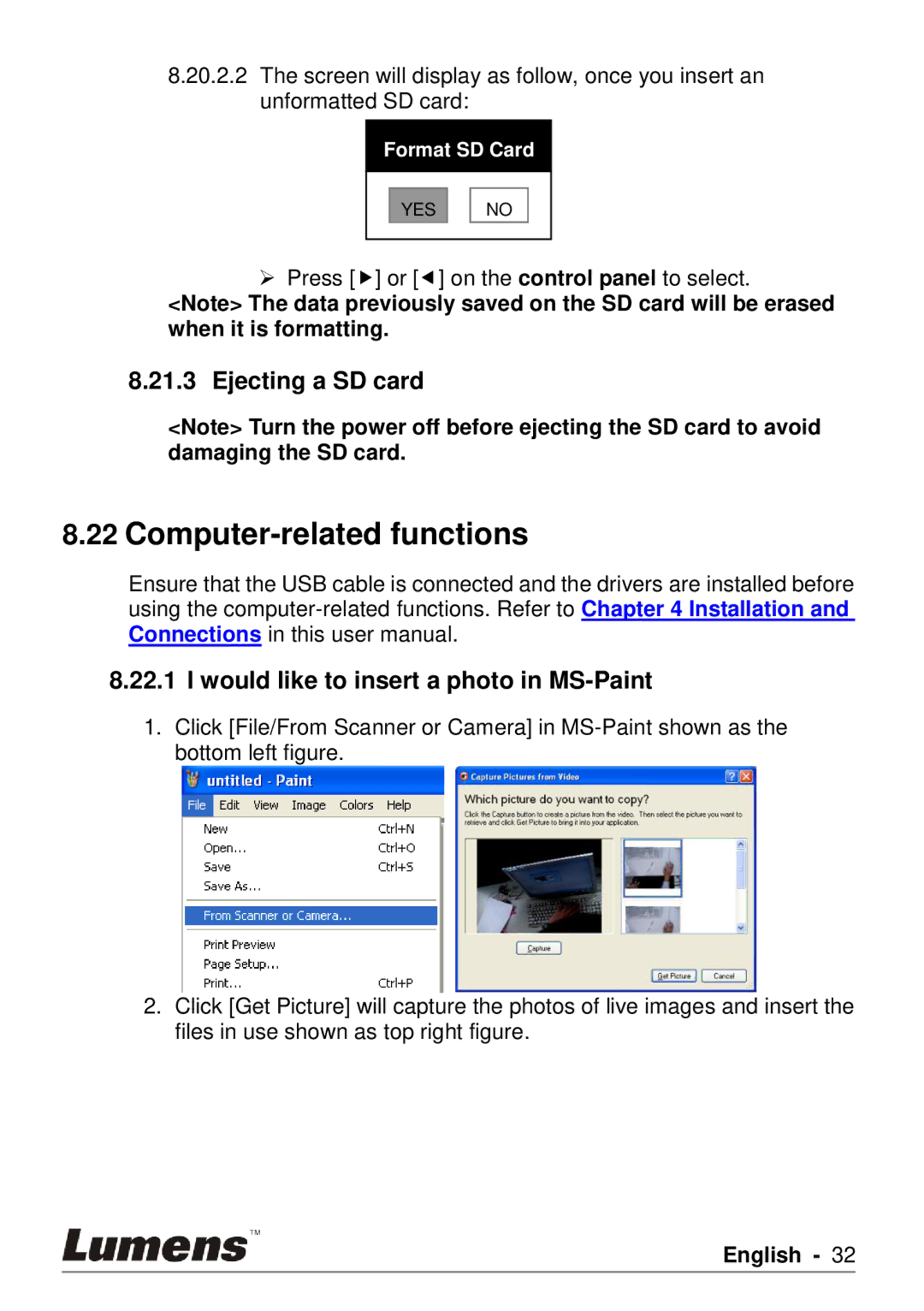 Lumens Technology PS750 Computer-related functions, Ejecting a SD card, Would like to insert a photo in MS-Paint 