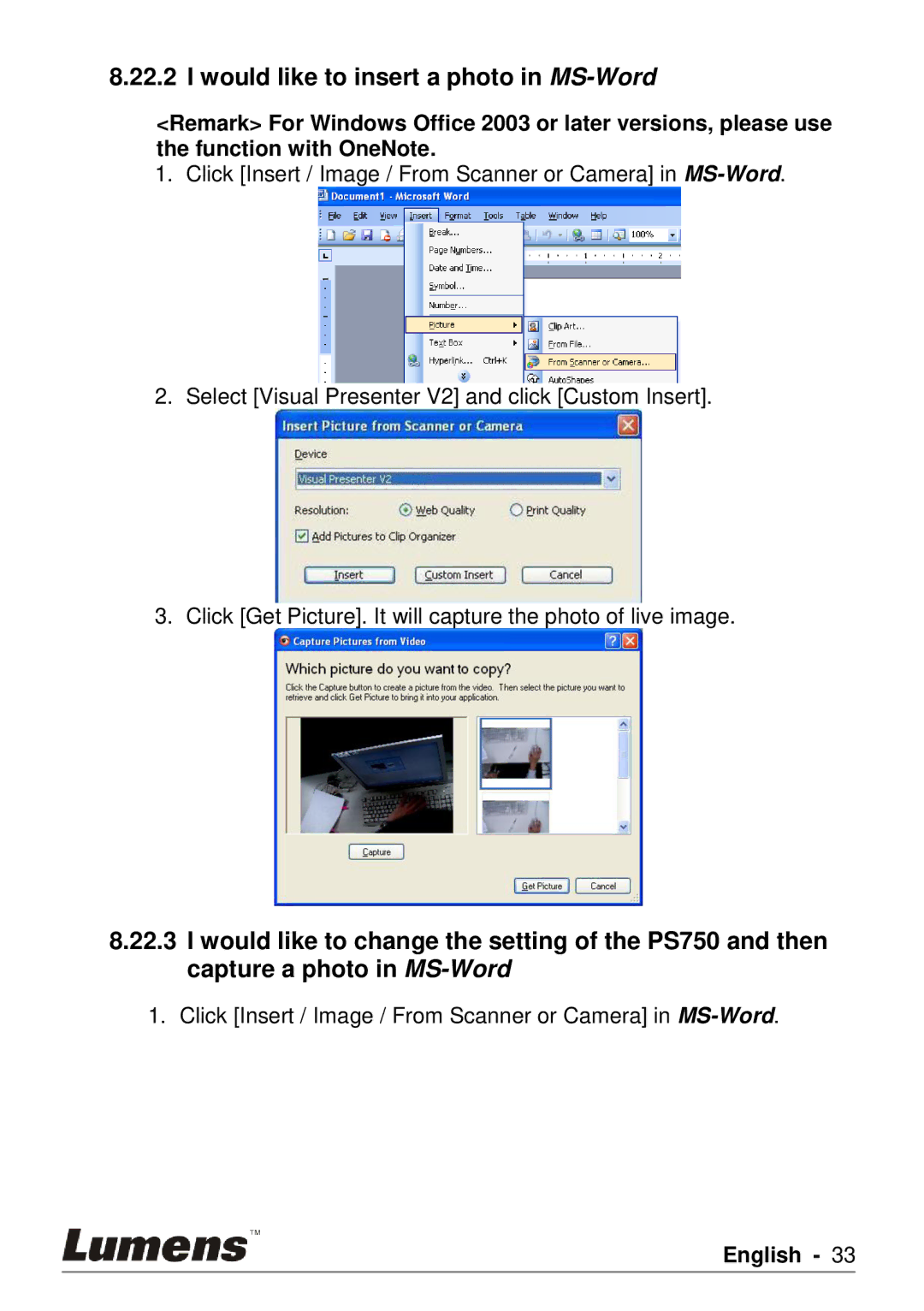 Lumens Technology PS750 user manual Would like to insert a photo in MS-Word 