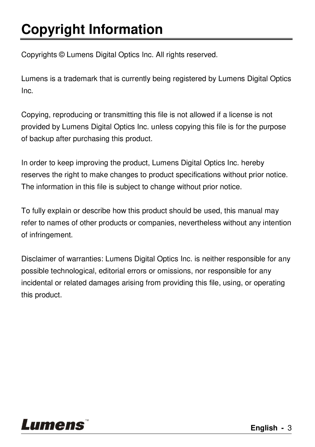 Lumens Technology PS750 user manual Copyright Information 