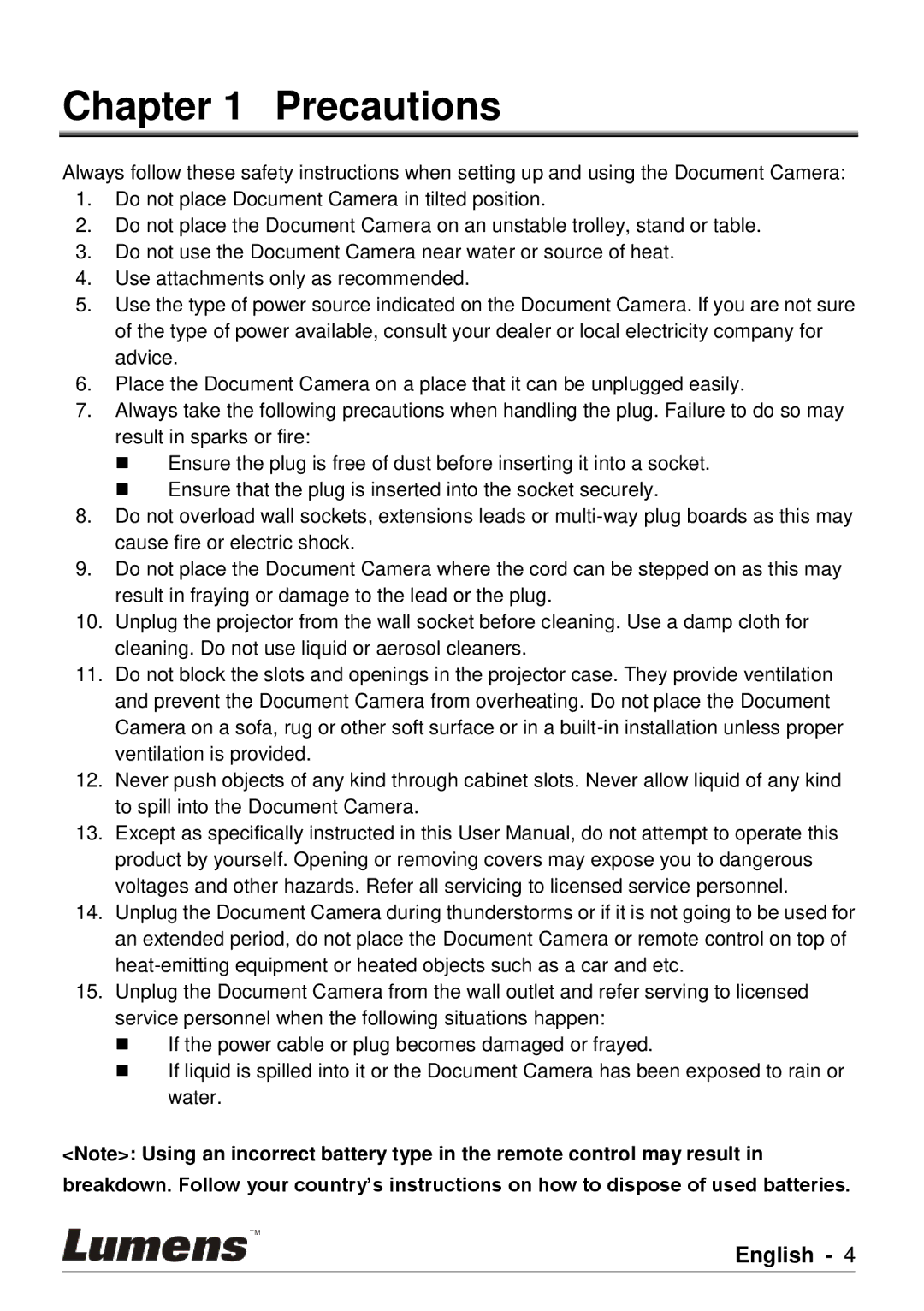 Lumens Technology PS750 user manual Precautions 