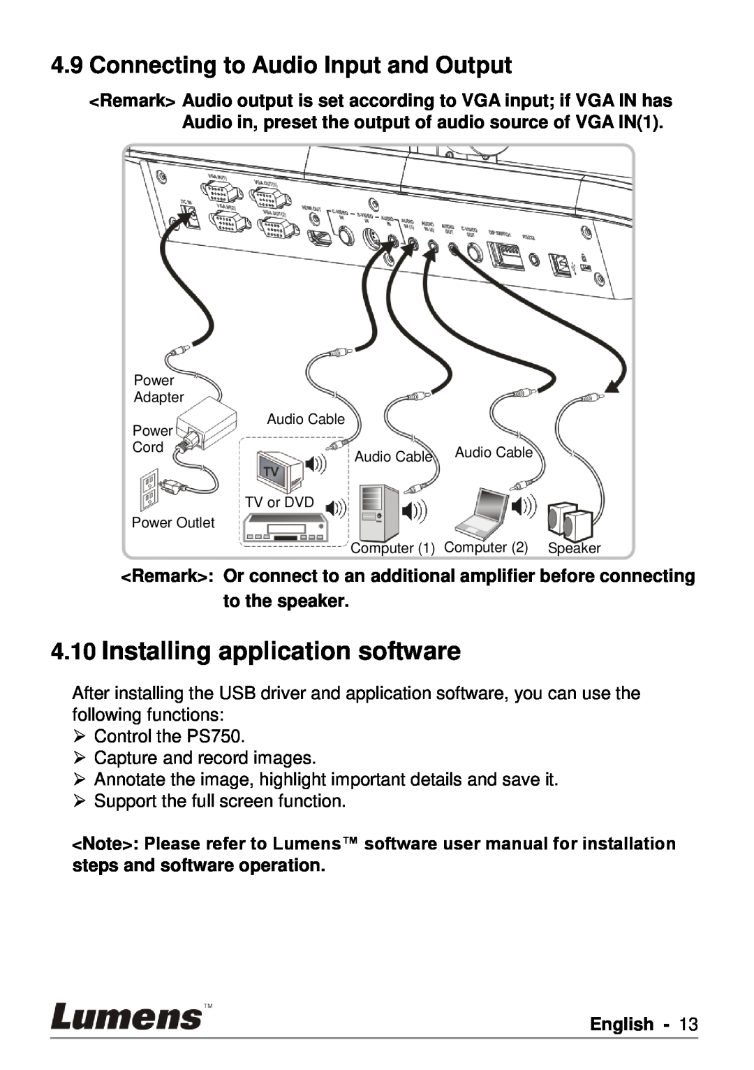 Lumens Technology PS750 user manual Installing application software, Connecting to Audio Input and Output, English 