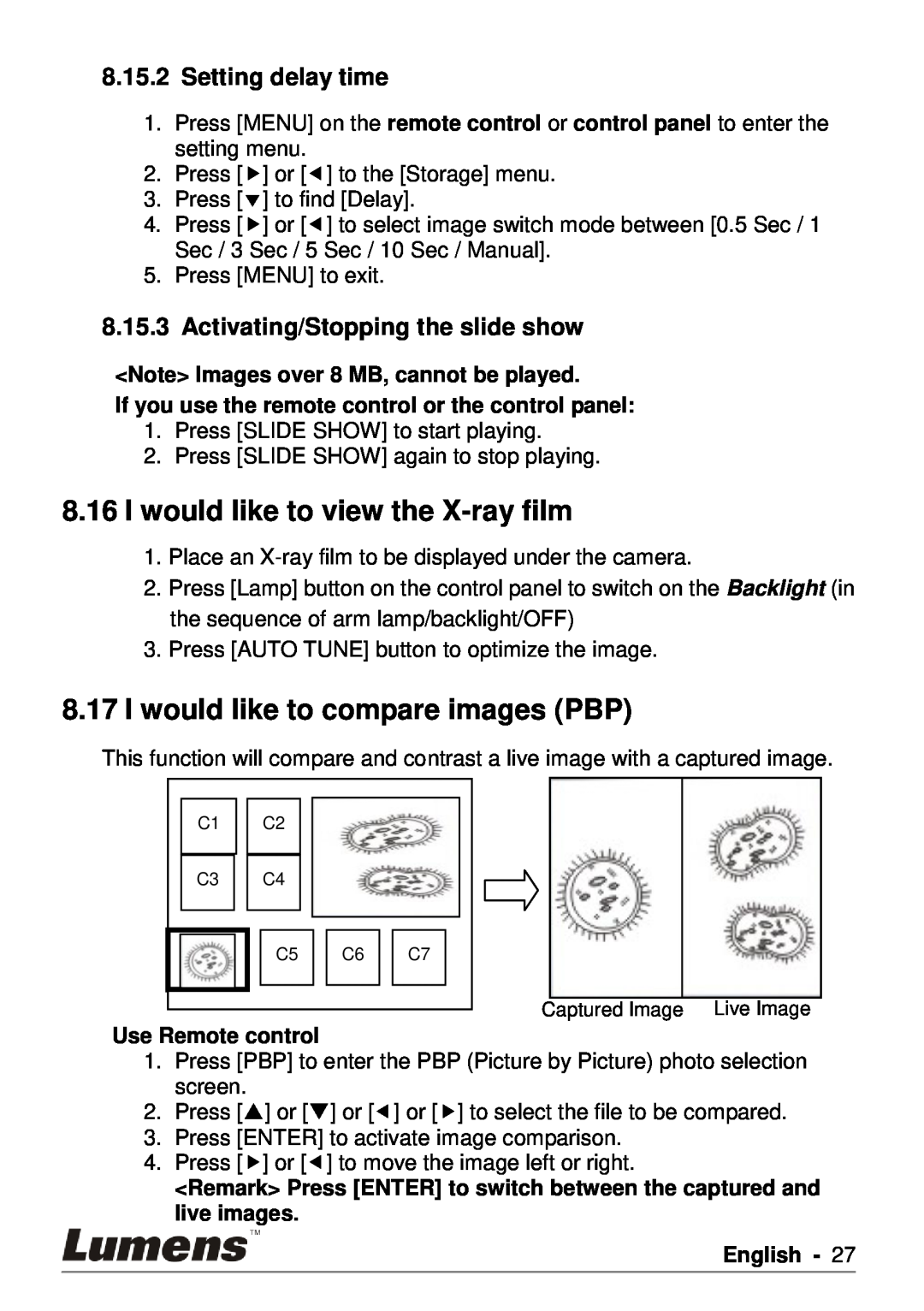 Lumens Technology PS750 I would like to view the X-ray film, I would like to compare images PBP, Setting delay time 