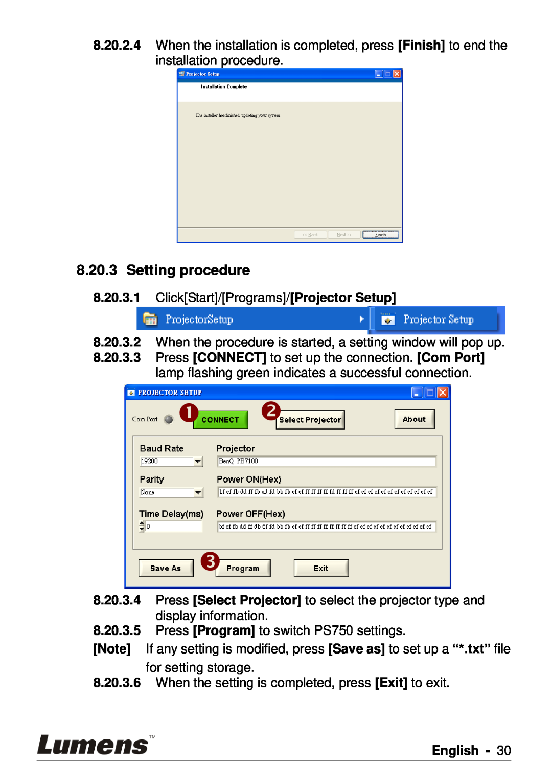 Lumens Technology PS750 user manual Setting procedure,   , English 