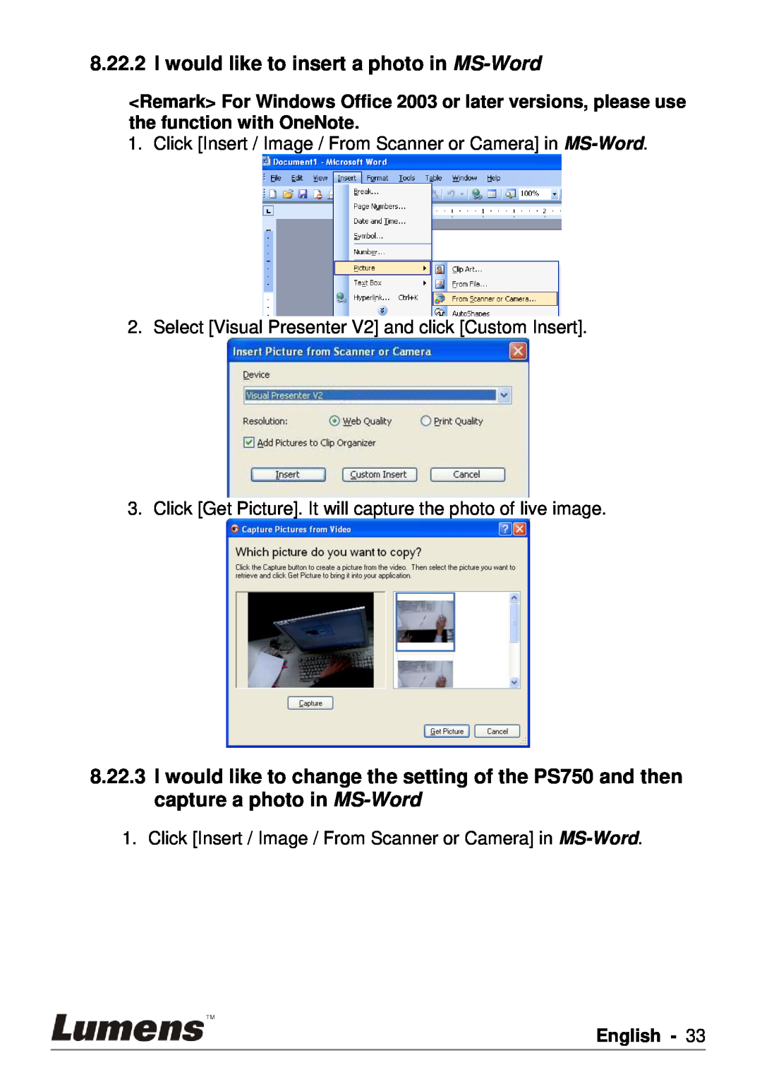Lumens Technology PS750 user manual I would like to insert a photo in MS-Word, English 