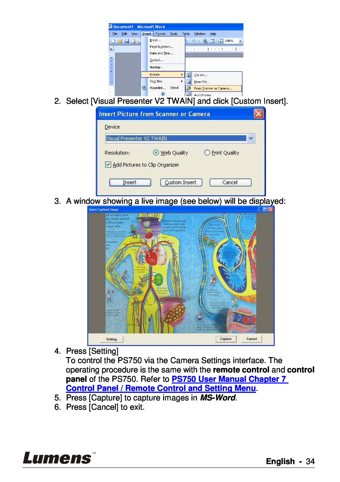 Lumens Technology PS750 user manual Select Visual Presenter V2 TWAIN and click Custom Insert, English 
