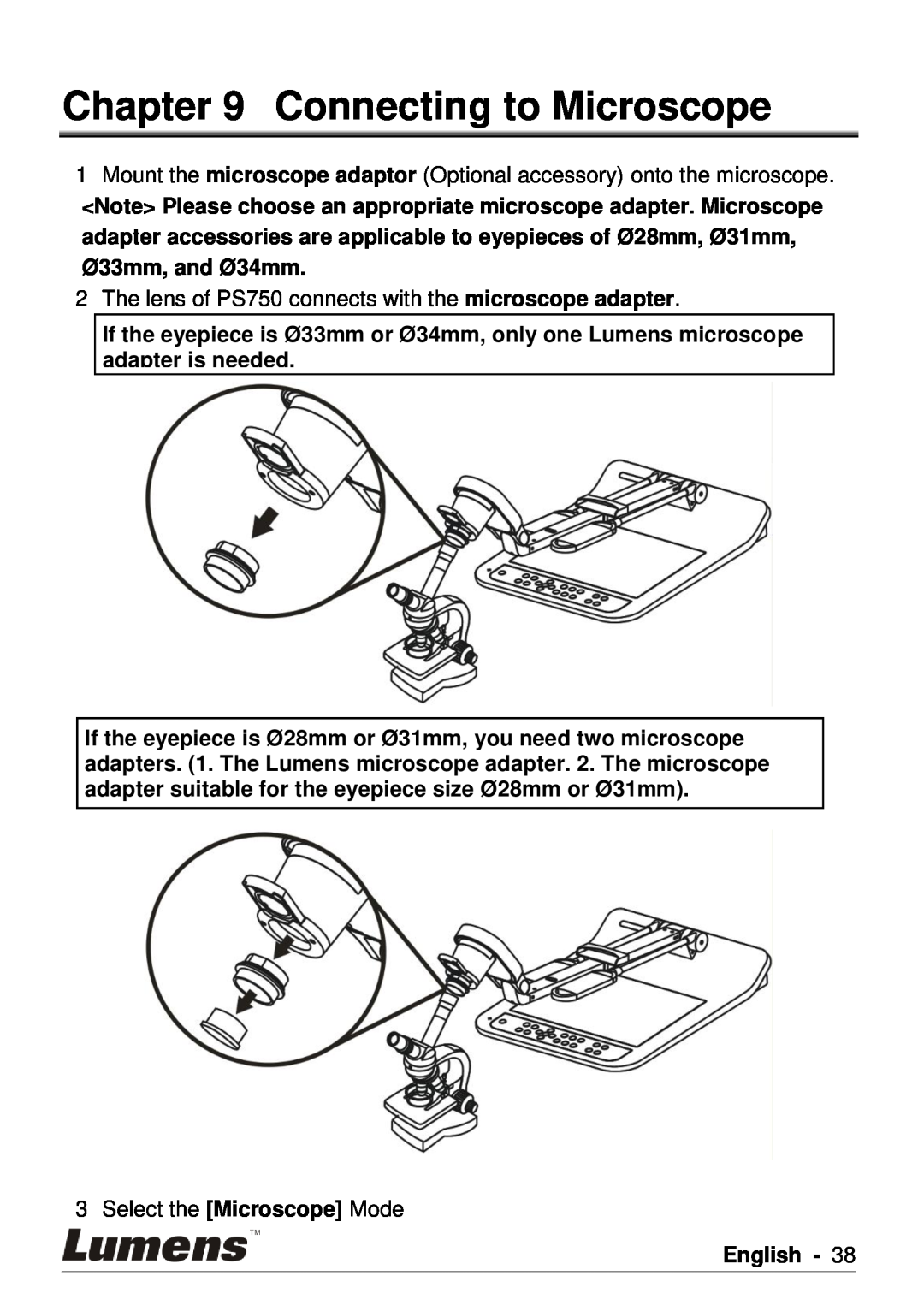 Lumens Technology PS750 user manual Connecting to Microscope, Ø 33mm, and Ø 34mm, Select the Microscope Mode, English 