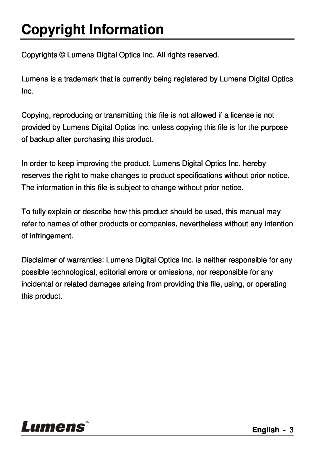 Lumens Technology PS750 user manual Copyright Information, English 