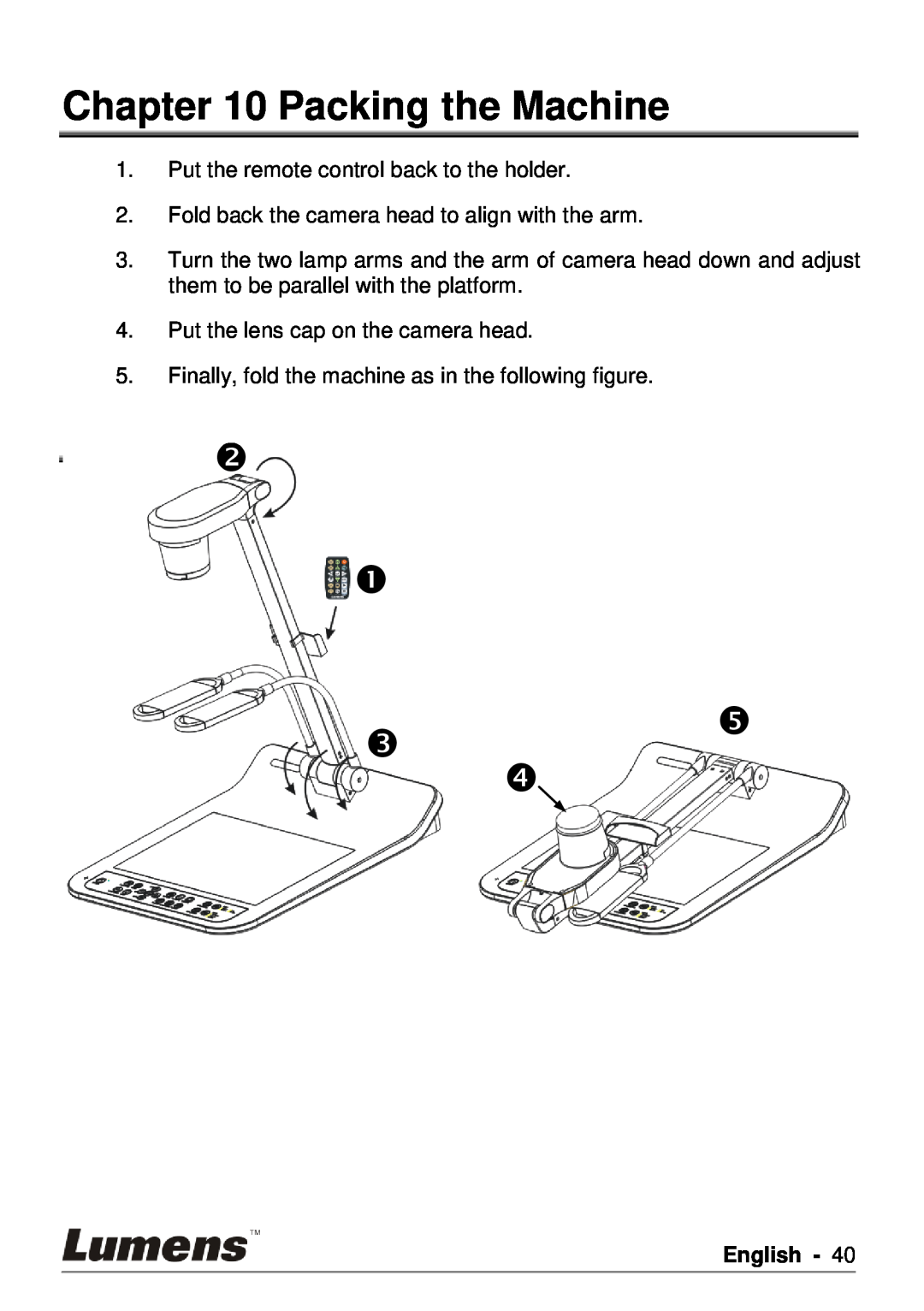 Lumens Technology PS750 user manual Packing the Machine, English 