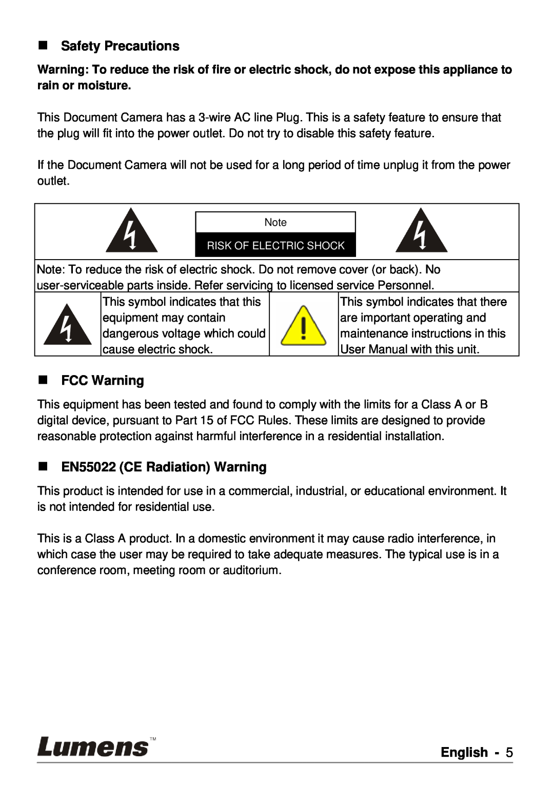 Lumens Technology PS750 user manual  Safety Precautions,  FCC Warning,  EN55022 CE Radiation Warning, English 