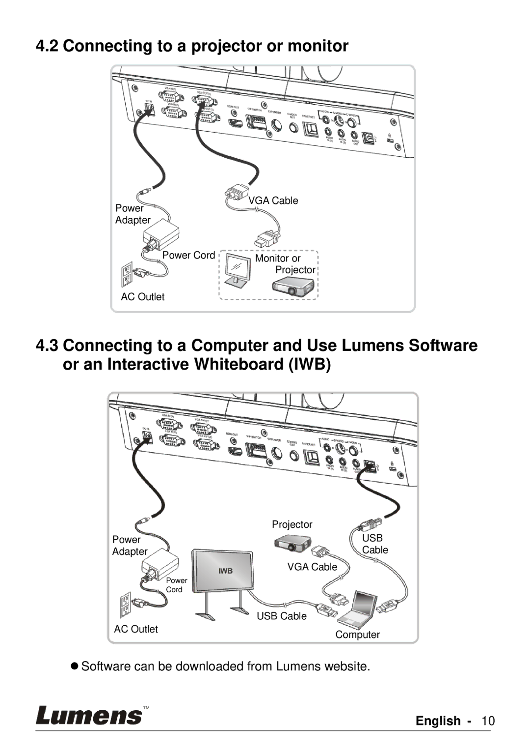 Lumens Technology PS760 user manual Connecting to a projector or monitor 