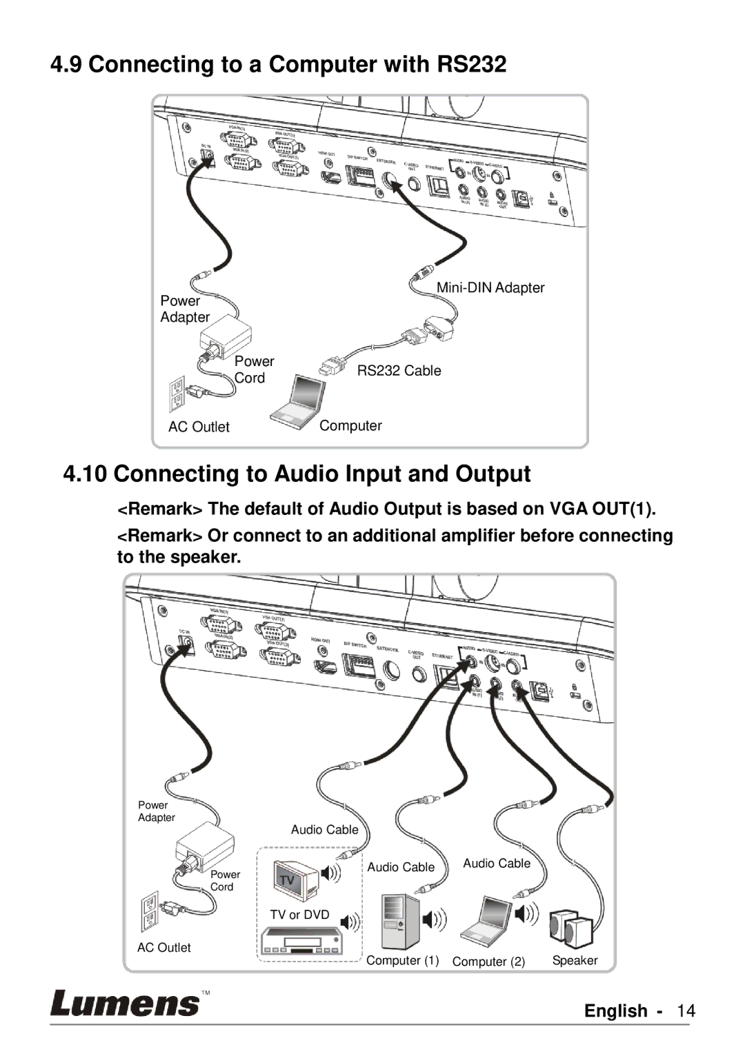 Lumens Technology PS760 user manual Connecting to a Computer with RS232, Connecting to Audio Input and Output 