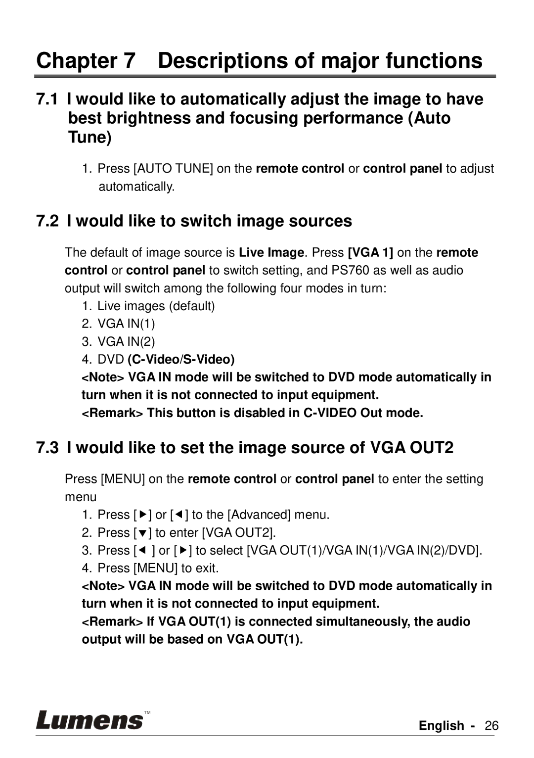 Lumens Technology PS760 user manual Descriptions of major functions, Would like to switch image sources 