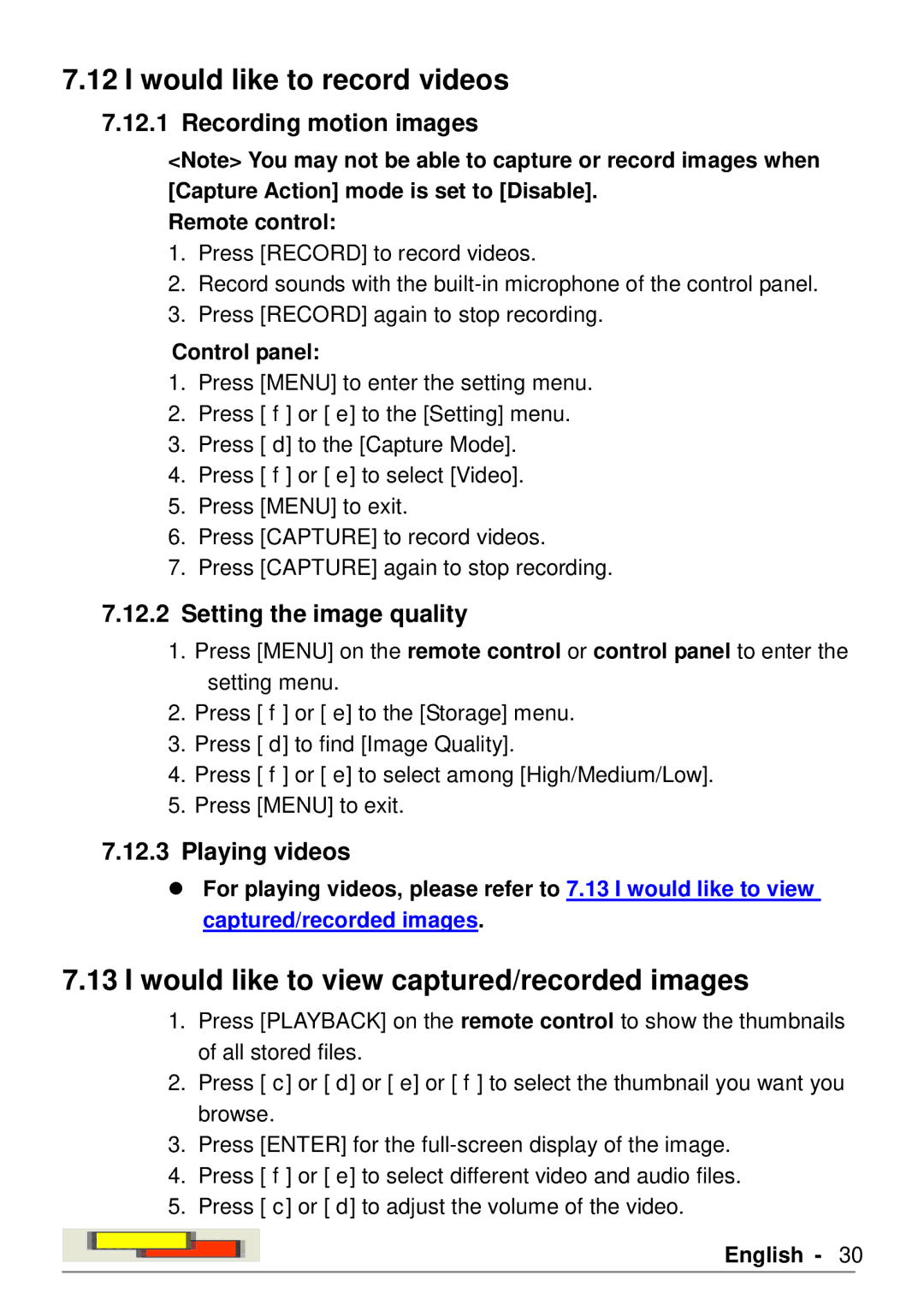 Lumens Technology PS760 Would like to record videos, Would like to view captured/recorded images, Recording motion images 