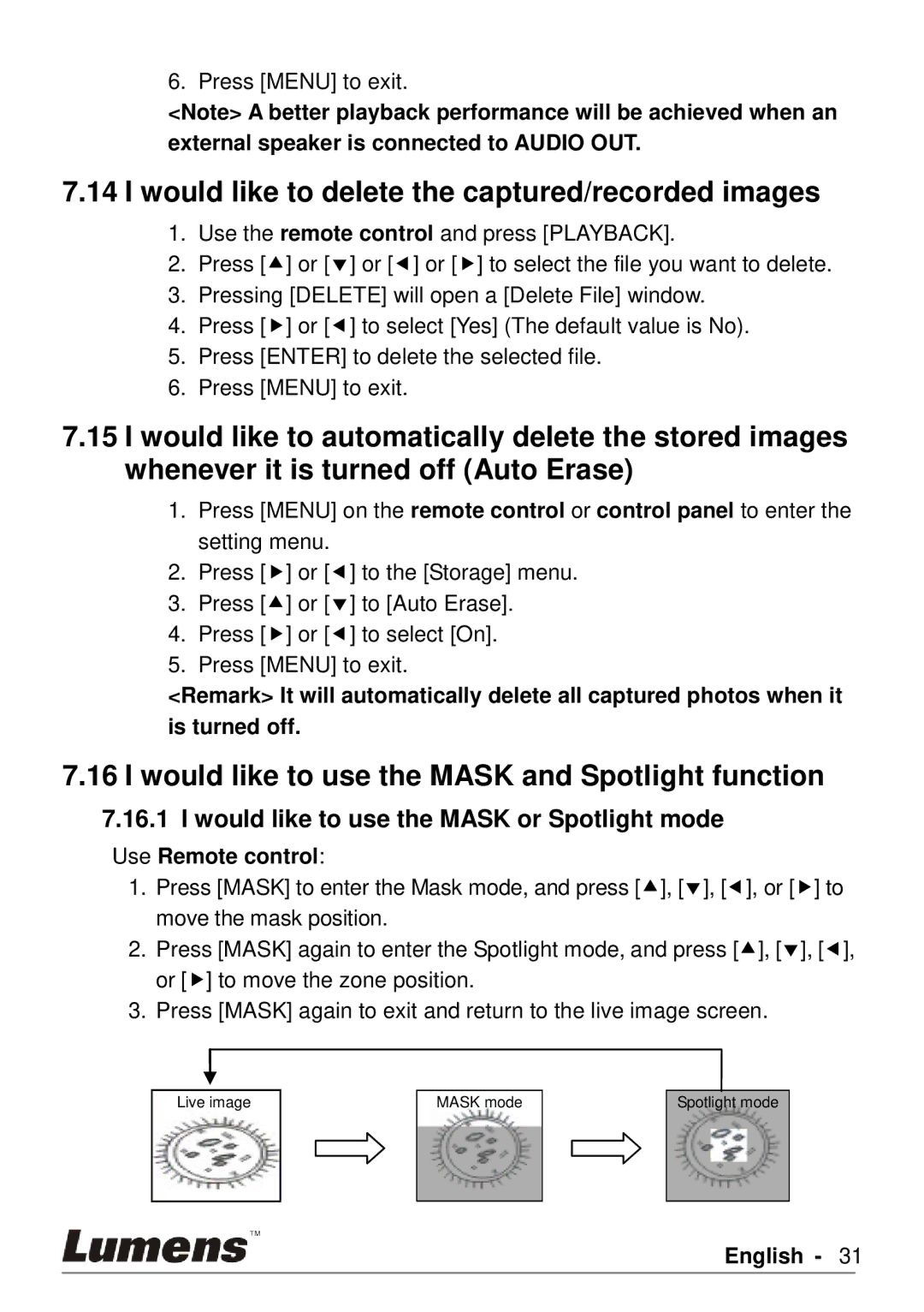 Lumens Technology PS760 Would like to delete the captured/recorded images, Would like to use the Mask or Spotlight mode 