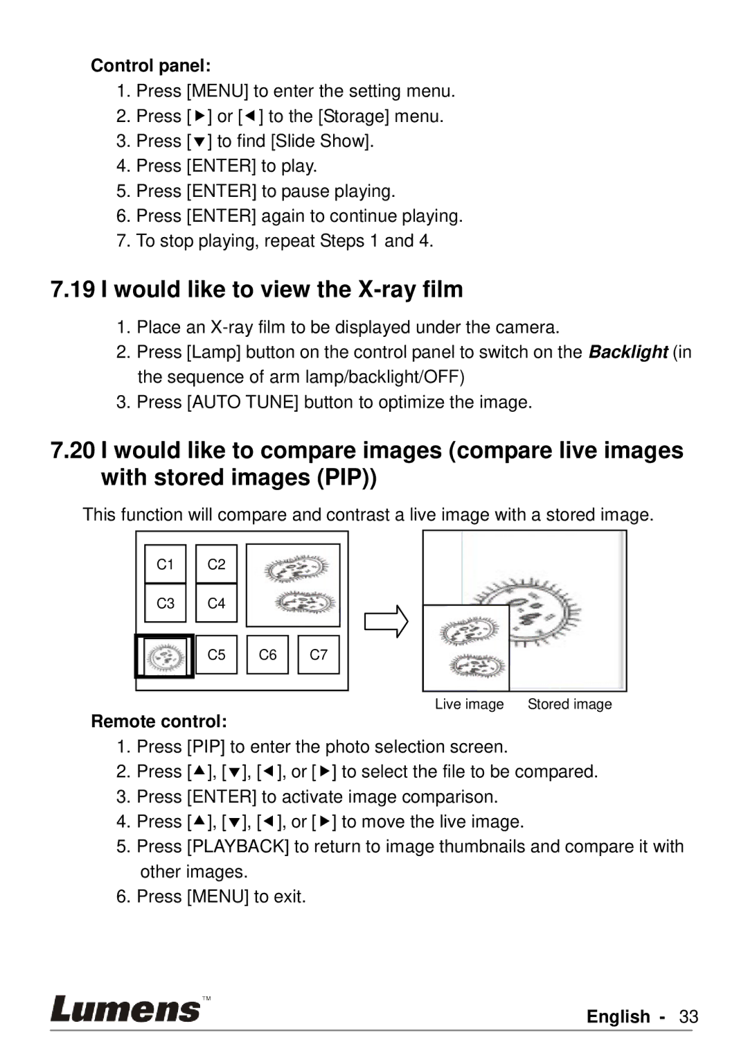 Lumens Technology PS760 user manual Would like to view the X-ray film, Control panel 