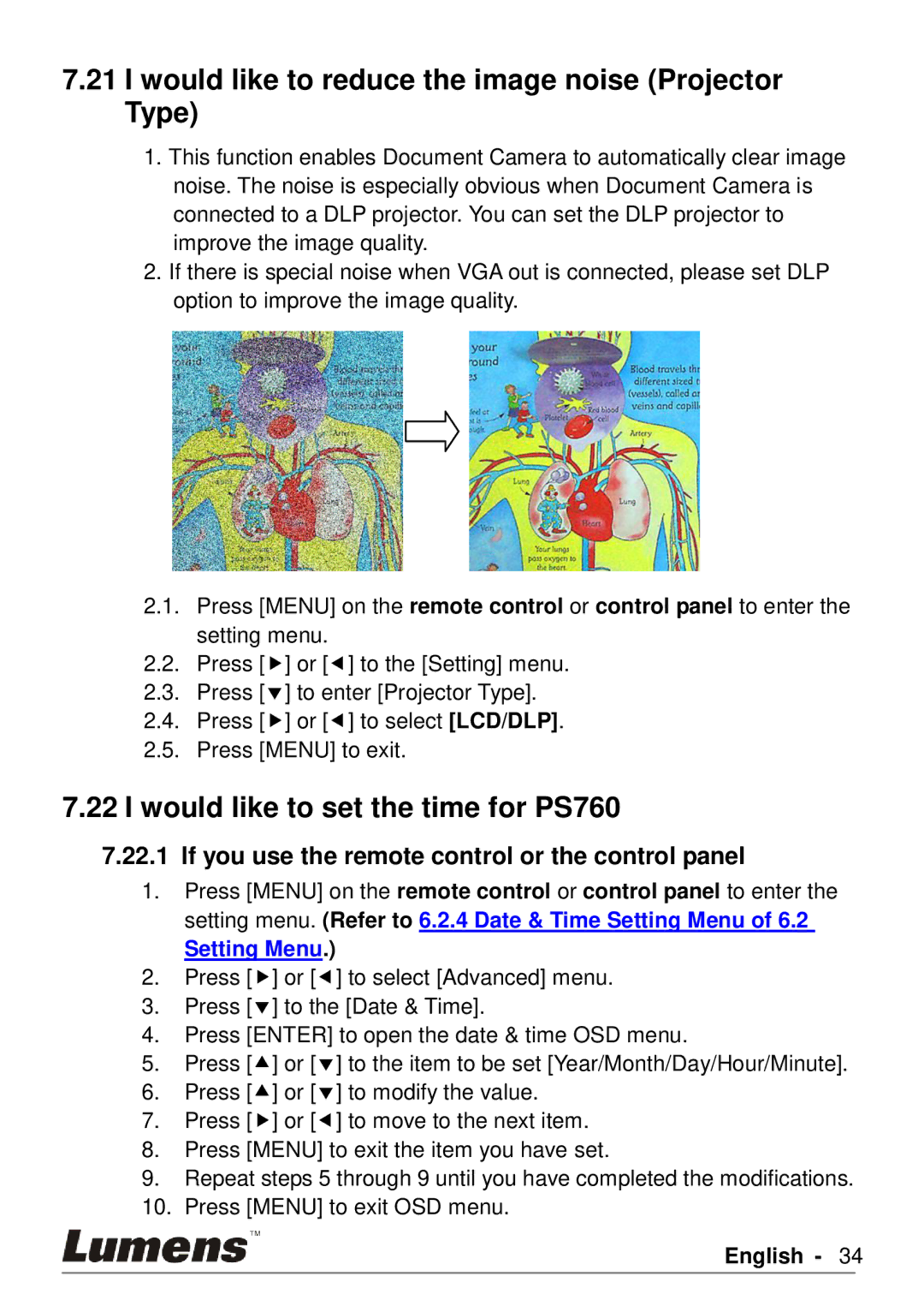 Lumens Technology user manual Would like to reduce the image noise Projector Type, Would like to set the time for PS760 