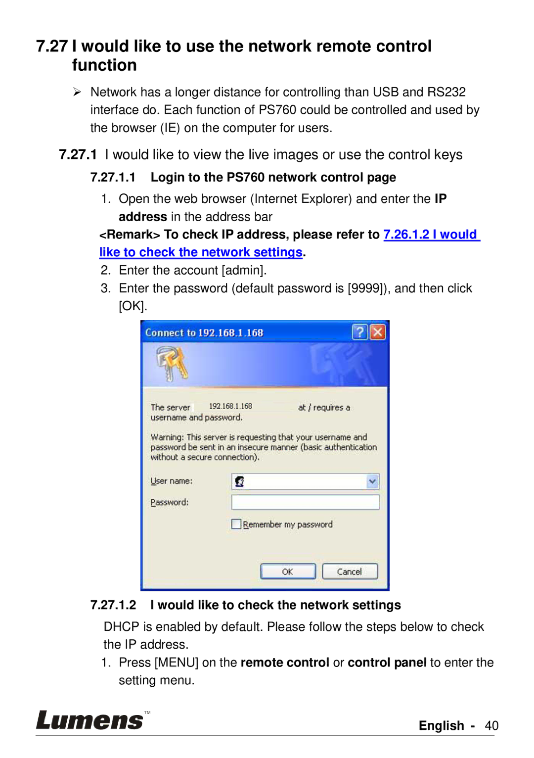 Lumens Technology user manual Would like to use the network remote control function, Login to the PS760 network control 