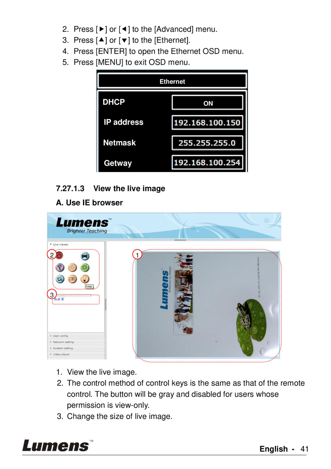 Lumens Technology PS760 user manual Dhcp, View the live image A. Use IE browser 